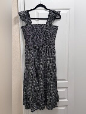 Lands' End Black & White Smocked Maxi Dress with Zebra Stripe